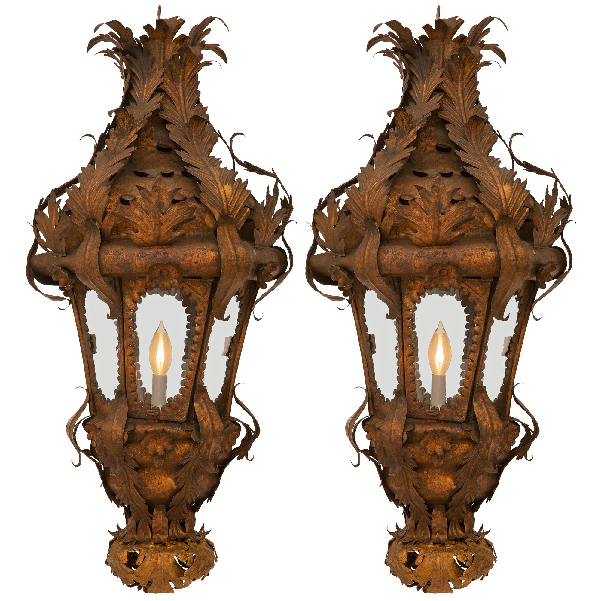 Pair Of Italian 18th Century Venetian St. Pressed Metal And Tole Lanterns For Sale