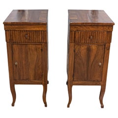Antique Pair of Italian 18th Century Walnut Bedside Chests with Carved Fluted Drawers