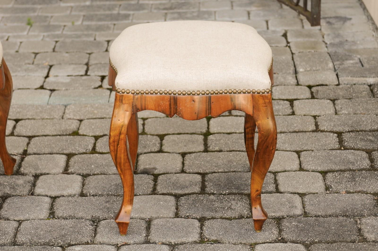 Pair of Italian 1920s Rococo Style Olivewood Stools with Upholstered Seats 5