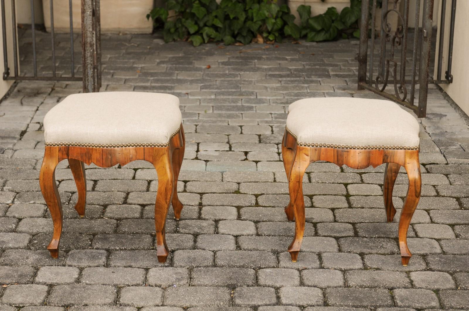 Pair of Italian 1920s Rococo Style Olivewood Stools with Upholstered Seats 6