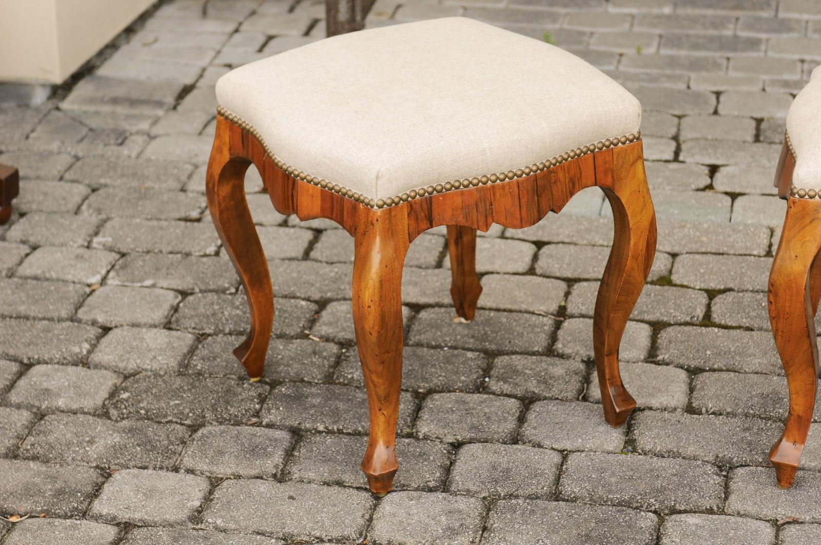 20th Century Pair of Italian 1920s Rococo Style Olivewood Stools with Upholstered Seats