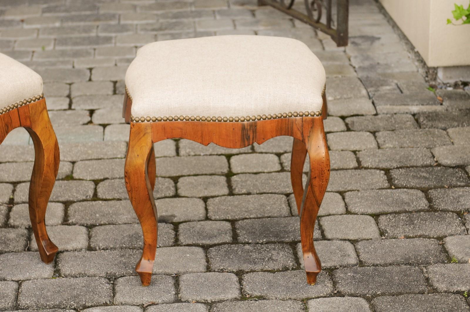 Upholstery Pair of Italian 1920s Rococo Style Olivewood Stools with Upholstered Seats