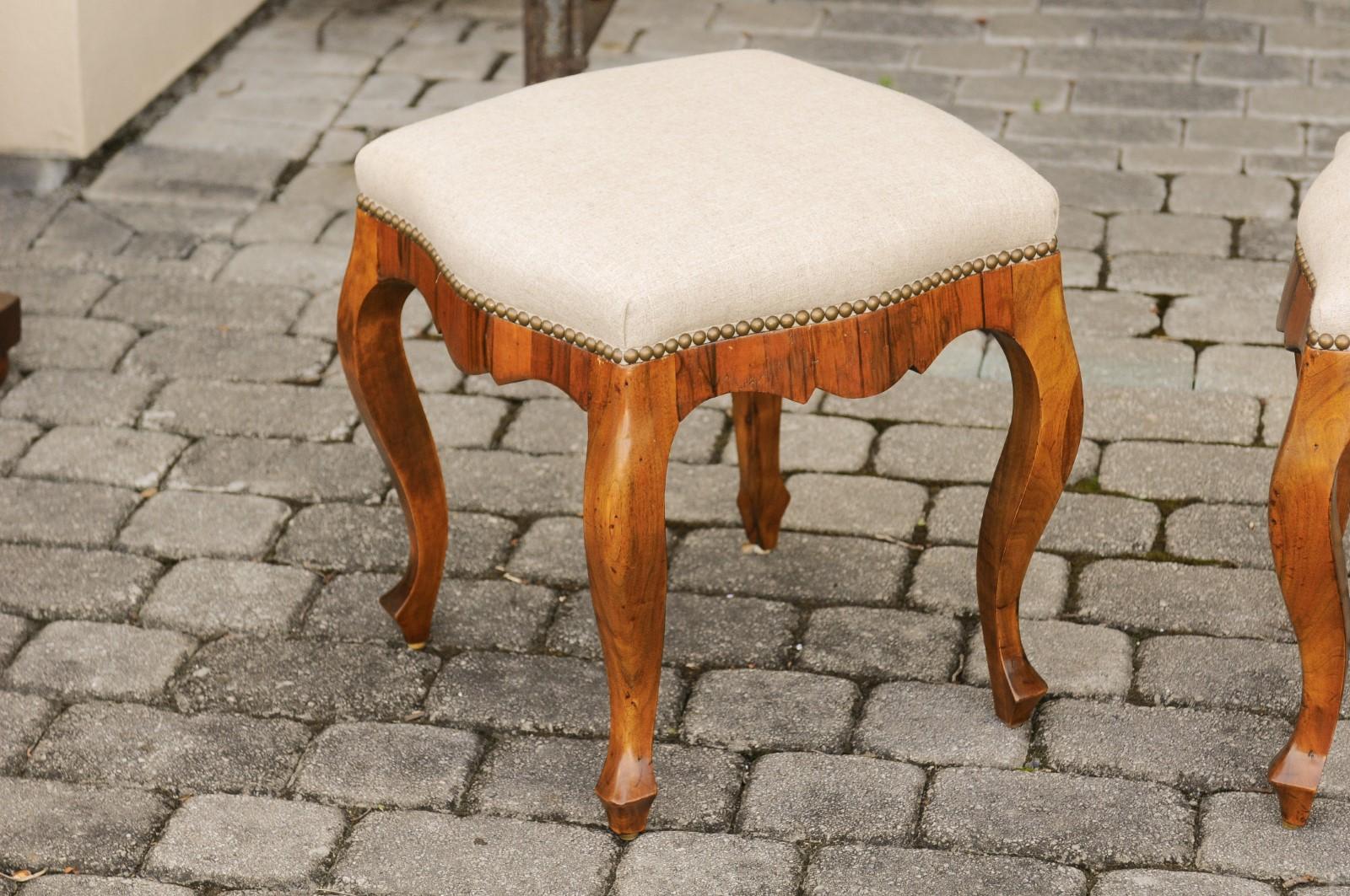 Pair of Italian 1920s Rococo Style Olivewood Stools with Upholstered Seats 1