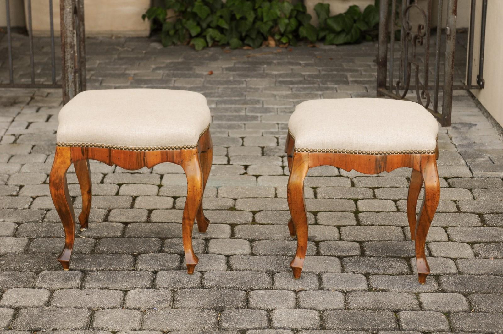 Pair of Italian 1920s Rococo Style Olivewood Stools with Upholstered Seats 2