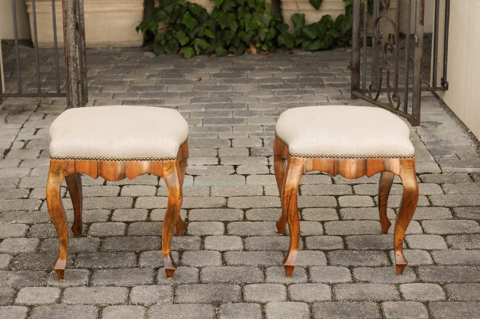 Pair of Italian 1920s Rococo Style Olivewood Stools with Upholstered Seats 3