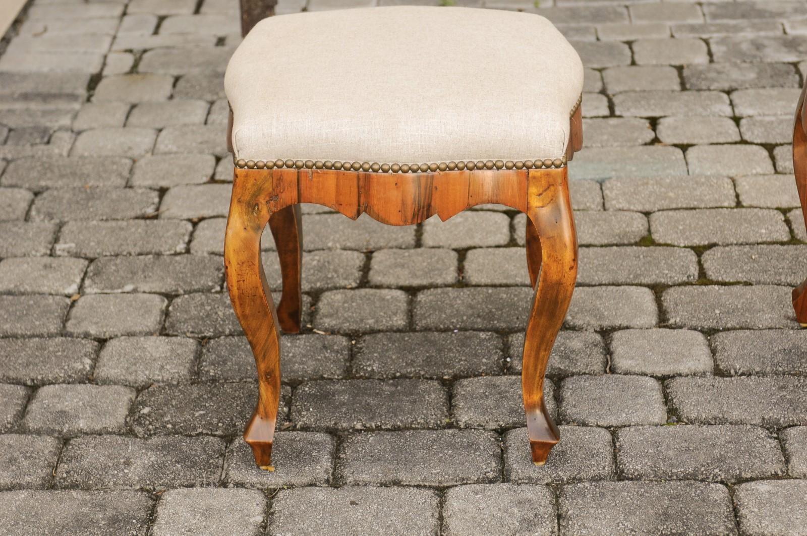 Pair of Italian 1920s Rococo Style Olivewood Stools with Upholstered Seats 4