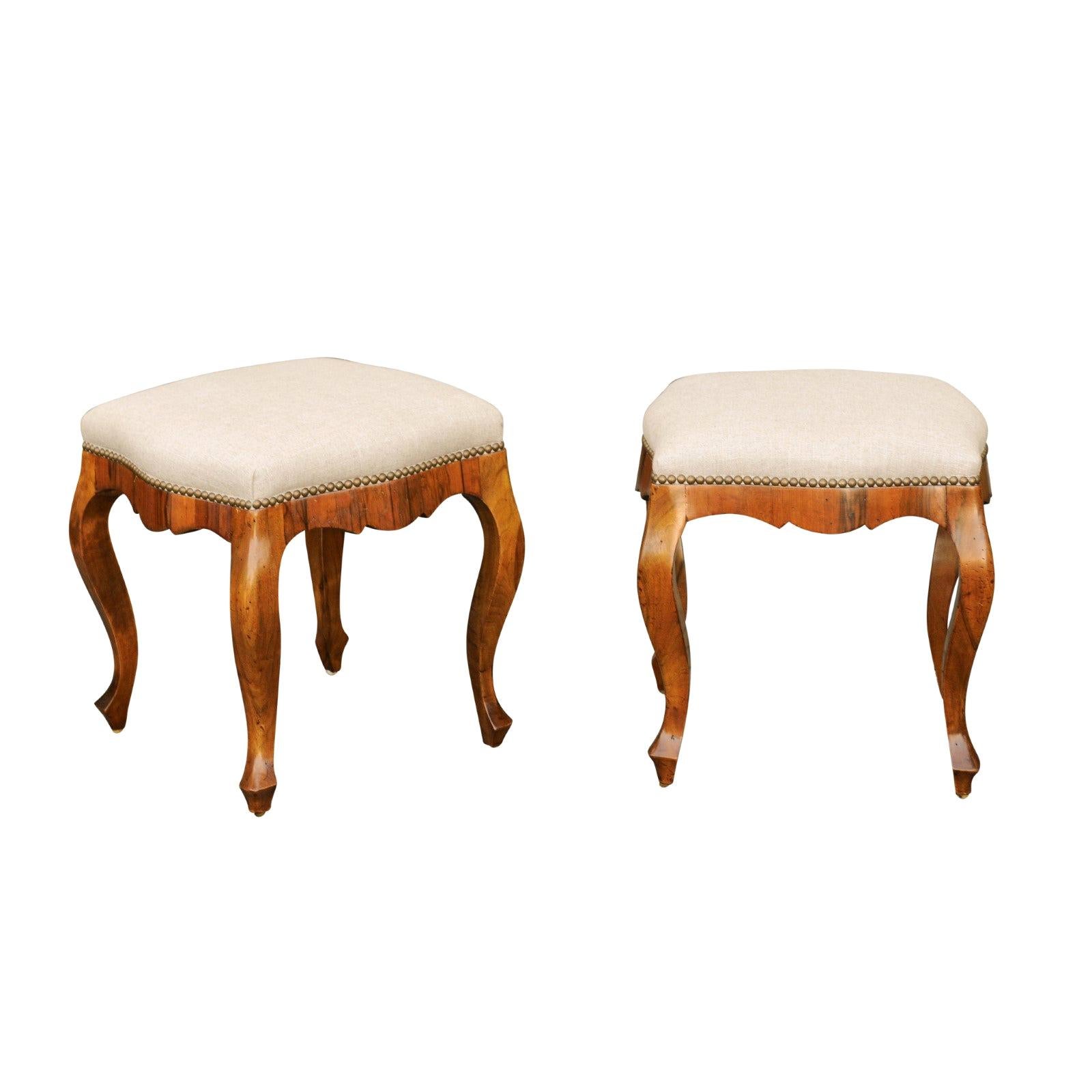 Pair of Italian 1920s Rococo Style Olivewood Stools with Upholstered Seats