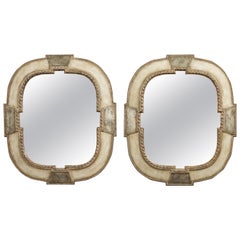 Pair of Italian 1920s Silver Leaf Mirrors with Protruding Sides and Beading