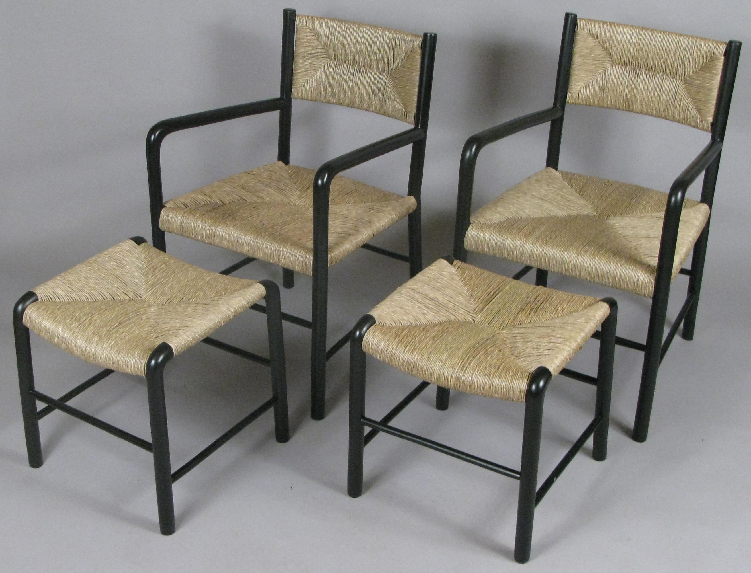 A beautiful matched pair of armchairs and their companion ottomans made in the 1930s in Italy. Not certain of the maker, but another set of these chairs were placed in an interior designed by Studio BBPR in Italy in the 1930s. The frames have been