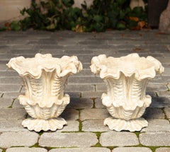 Pair of Italian 1930s Painted Floral Shaped Wooden Urns with Grooved Accents