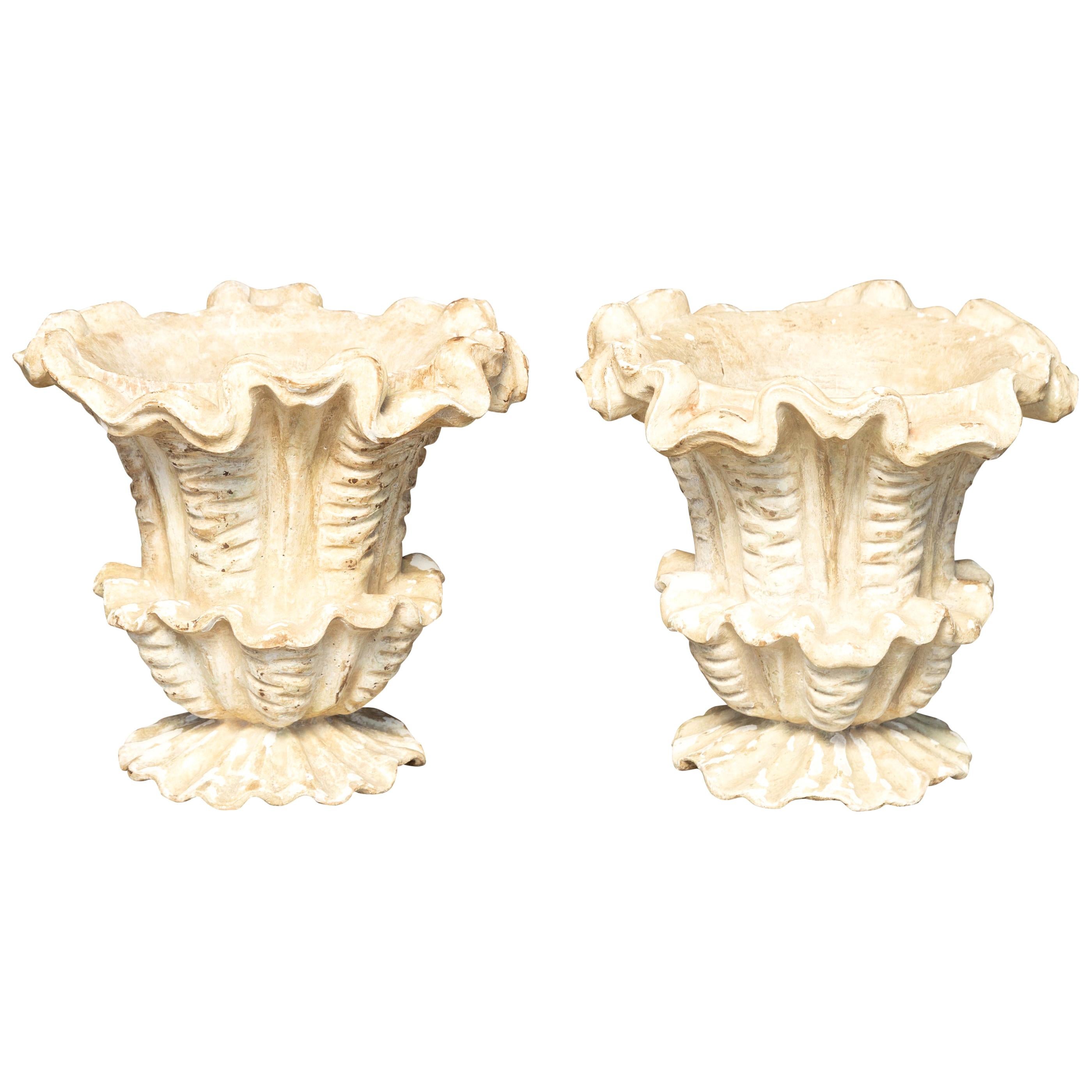 Pair of Italian 1930s Painted Floral Shaped Wooden Urns with Grooved Accents