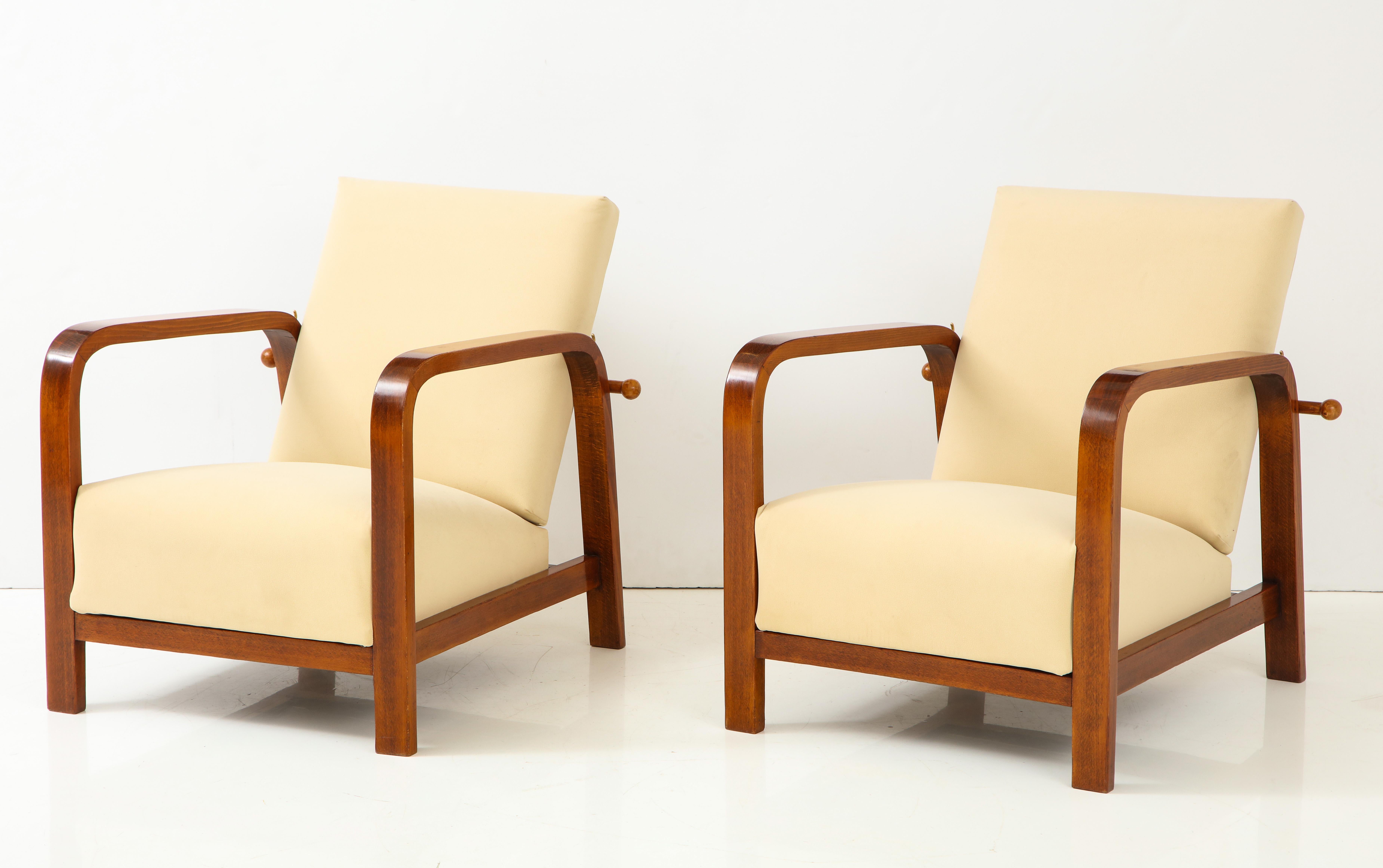 Art Deco Pair of Italian 1930s Palisander Wood Adjustable Armchairs