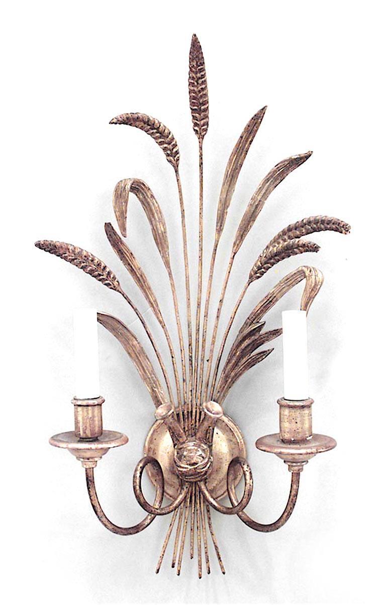 Pair of Italian 1940s giltwood horn design two-arm wall sconces with carved wheat motif.
 