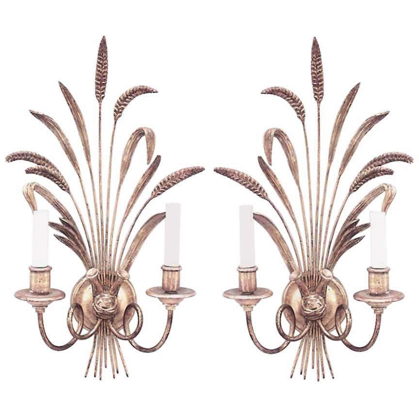 Pair of Italian 1940s Giltwood Horn Design Two-Arm Wall Sconces