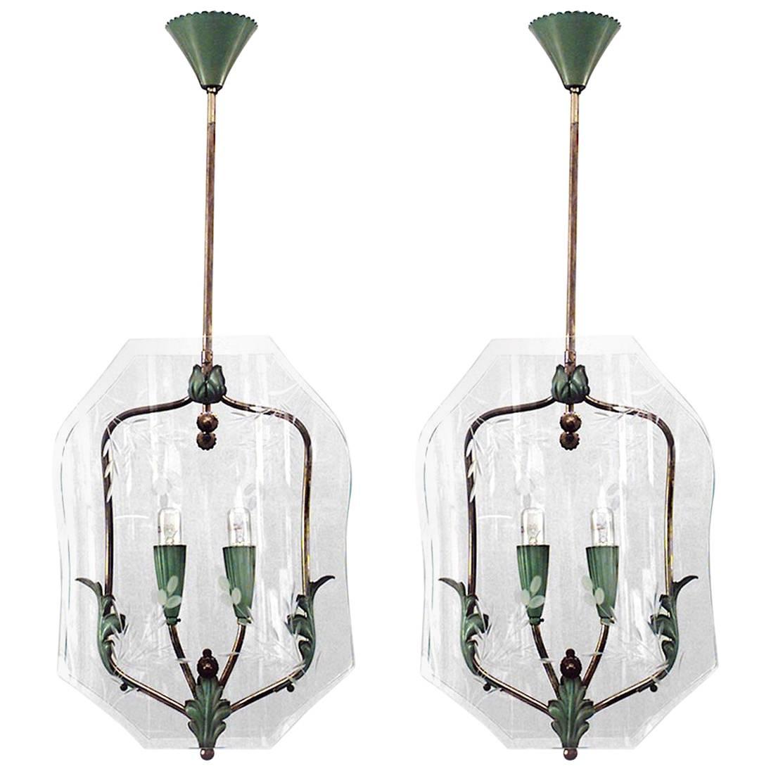 Paire de lanternes suspendues italiennes Fontana Arte en verre à motifs de feuilles