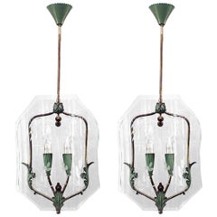 Vintage Pair of Italian Fontana Arte Leaf Motif Glass Hanging Lanterns