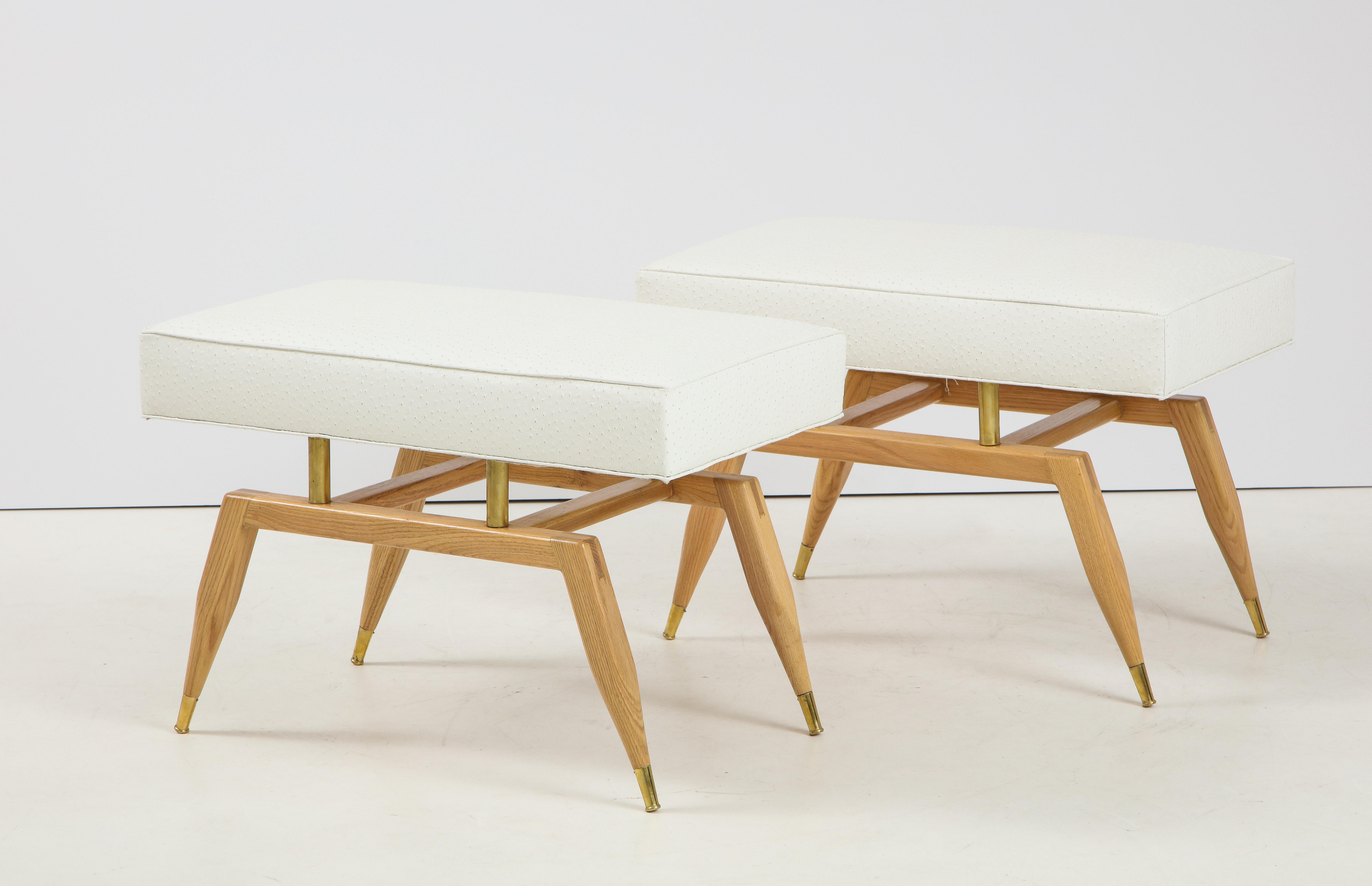 Mid-Century Modern Pair of Italian 1940s Oak and Brass Benches with Upholstered Seat