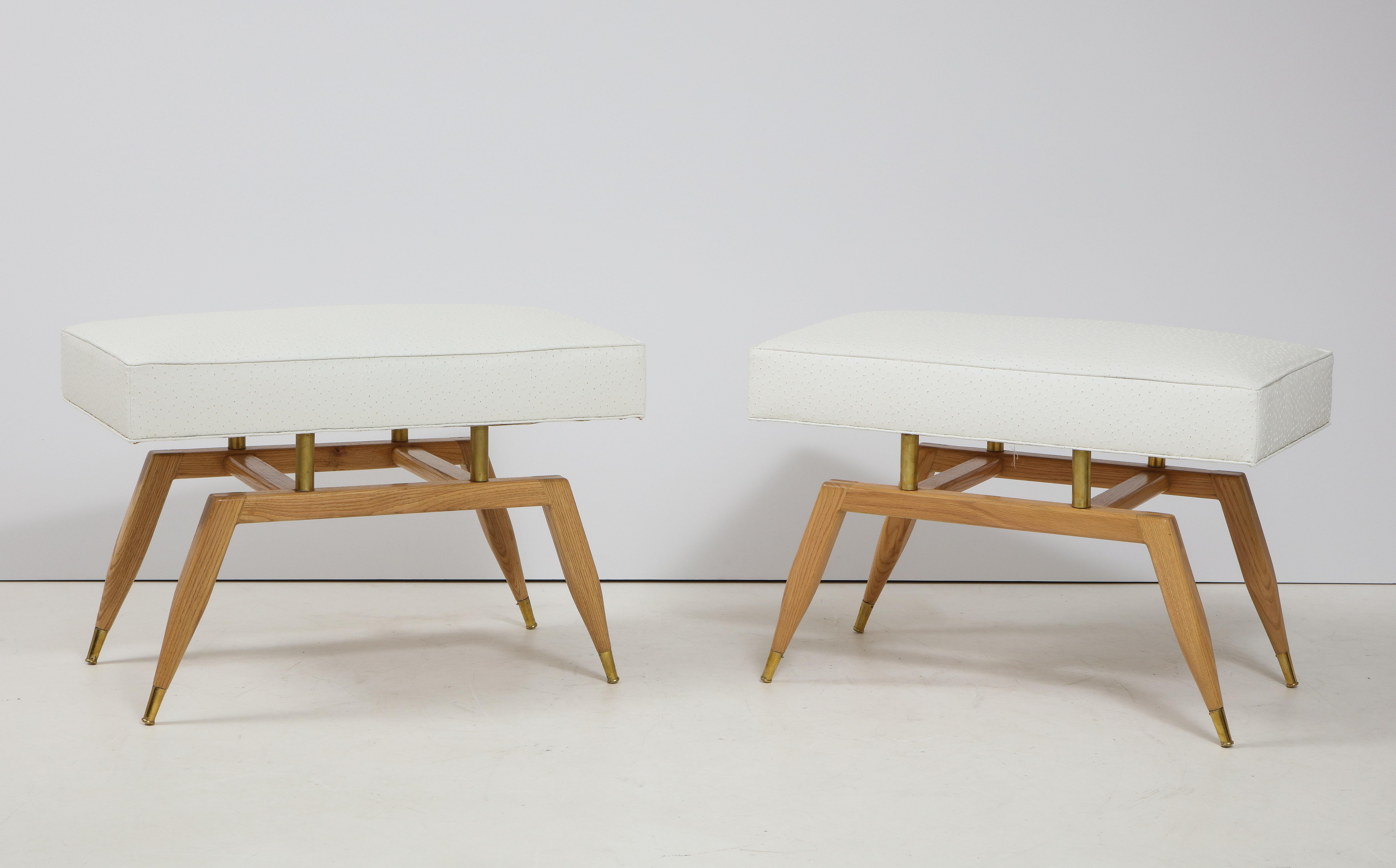 Pair of Italian 1940s Oak and Brass Benches with Upholstered Seat 2