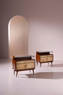 Pair of Italian 1940s Parchment Nightstands with Floating Glass Shelf