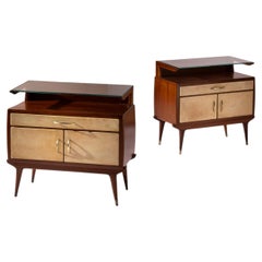 Pair of Italian 1940s Parchment Nightstands with Floating Glass Shelf