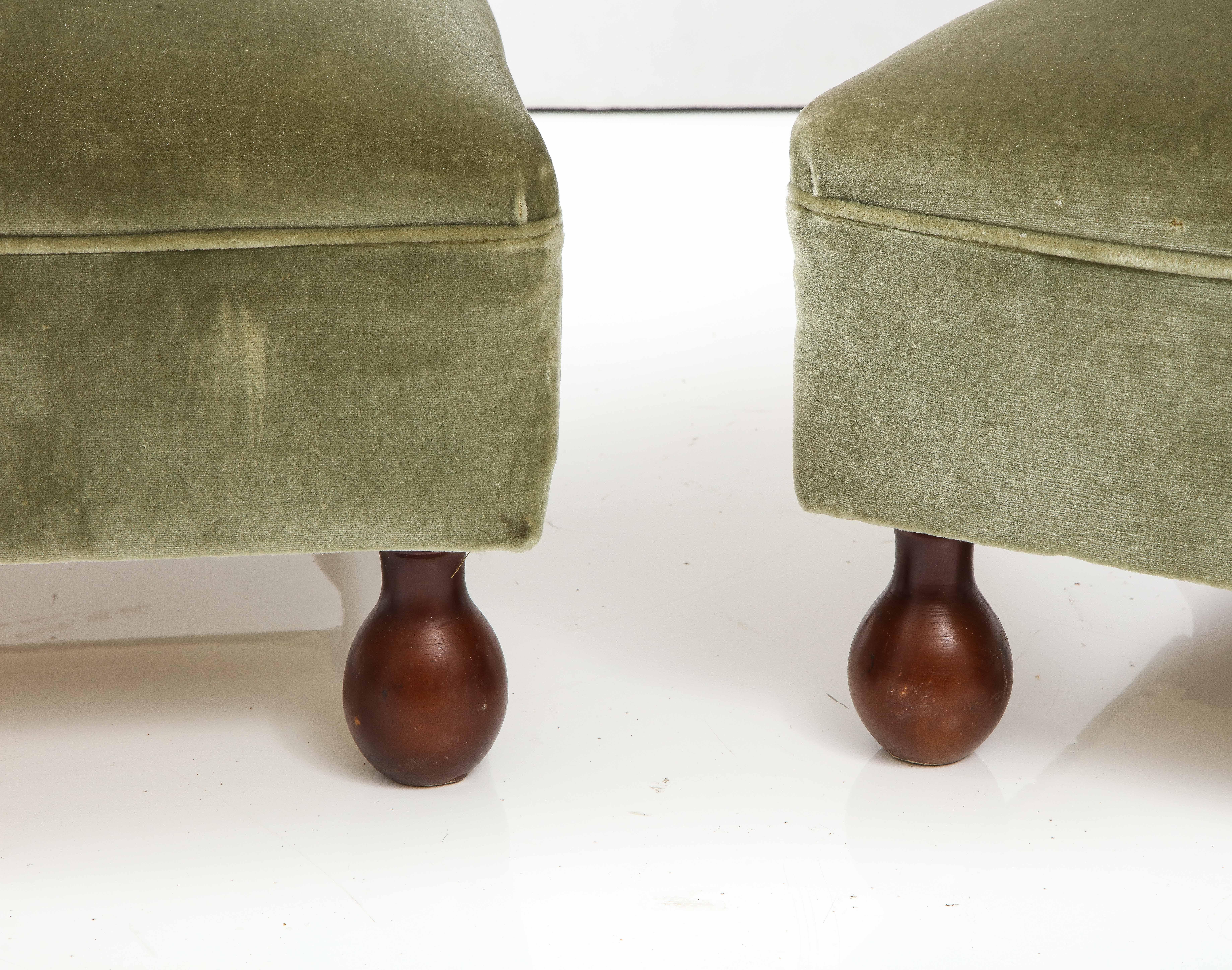 Mid-20th Century Pair of Italian 1940's Slipper Chairs with Walnut Bun Feet
