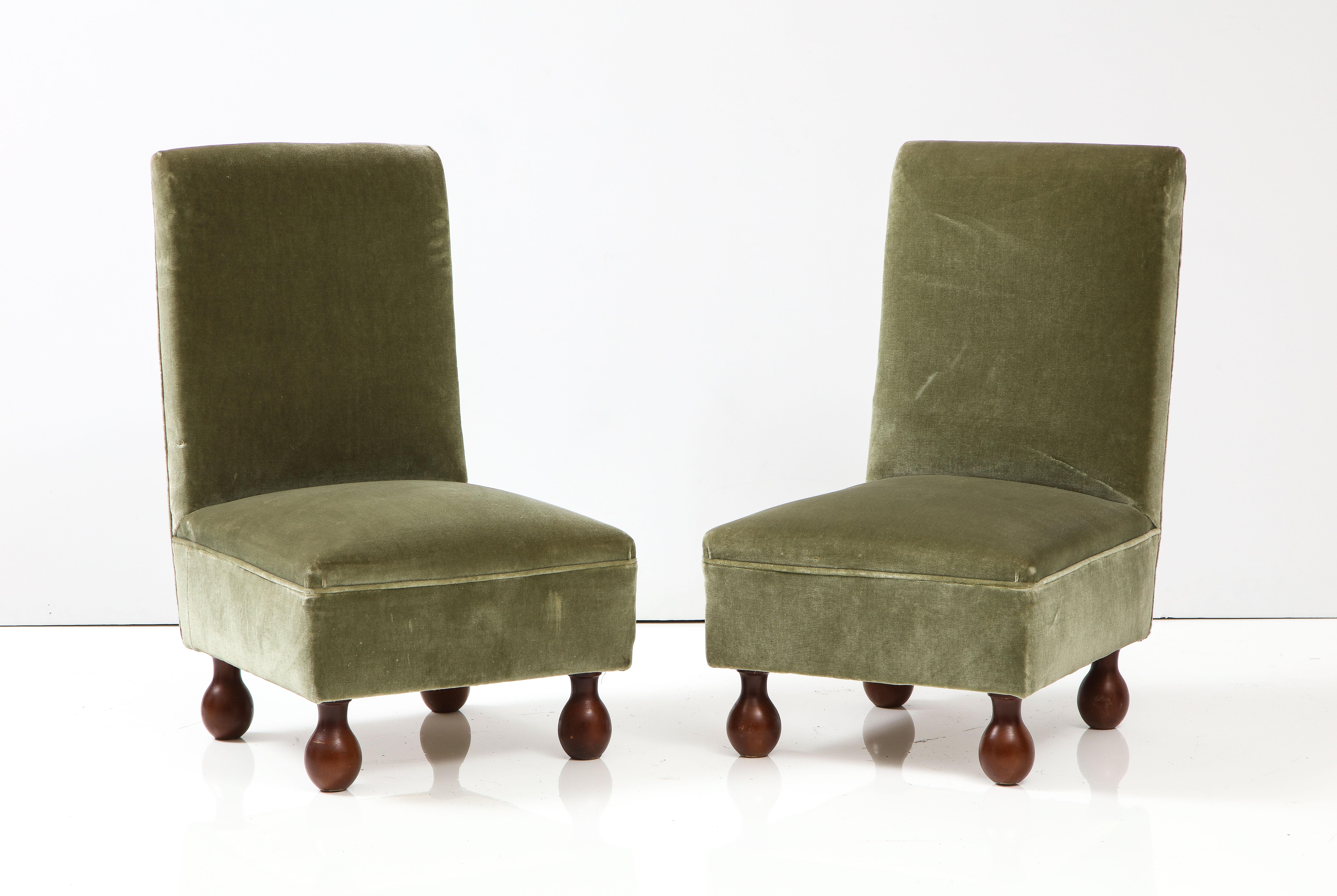 Velvet Pair of Italian 1940's Slipper Chairs with Walnut Bun Feet