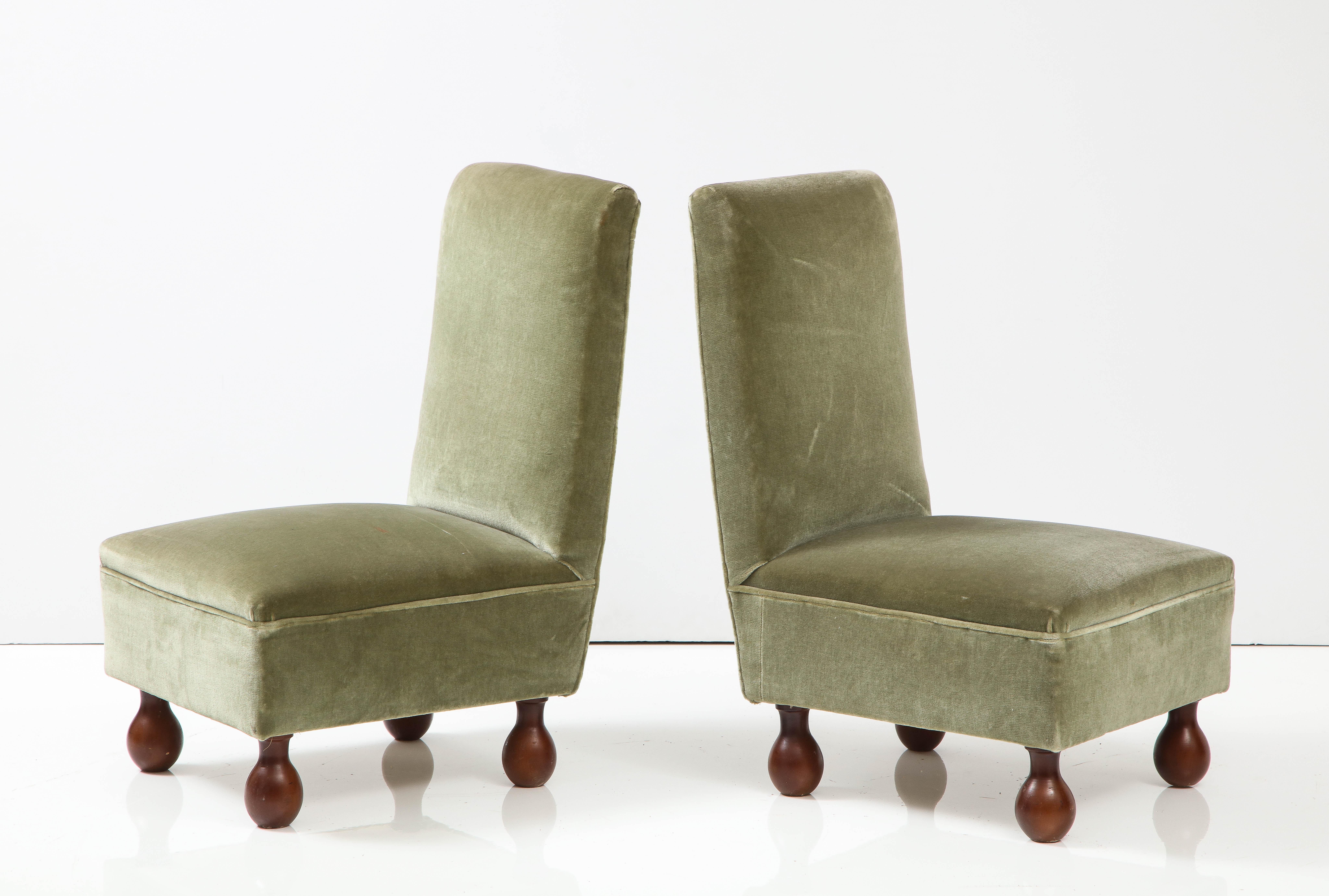 Pair of Italian 1940's Slipper Chairs with Walnut Bun Feet 1