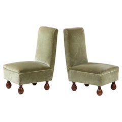 Pair of Italian 1940's Slipper Chairs with Walnut Bun Feet