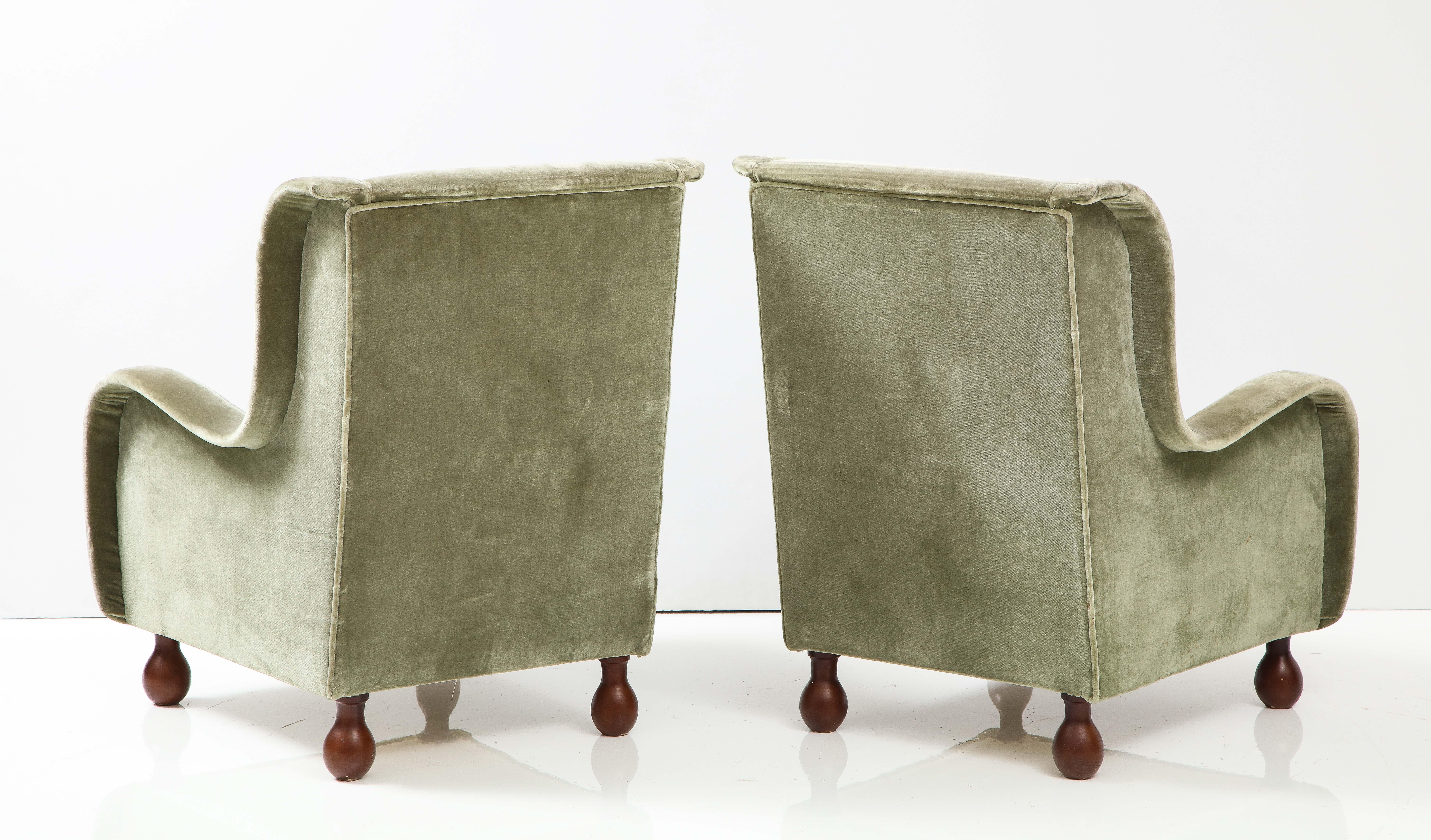 Pair of Italian 1940's Velvet Armchairs with Walnut Bun Feet 6