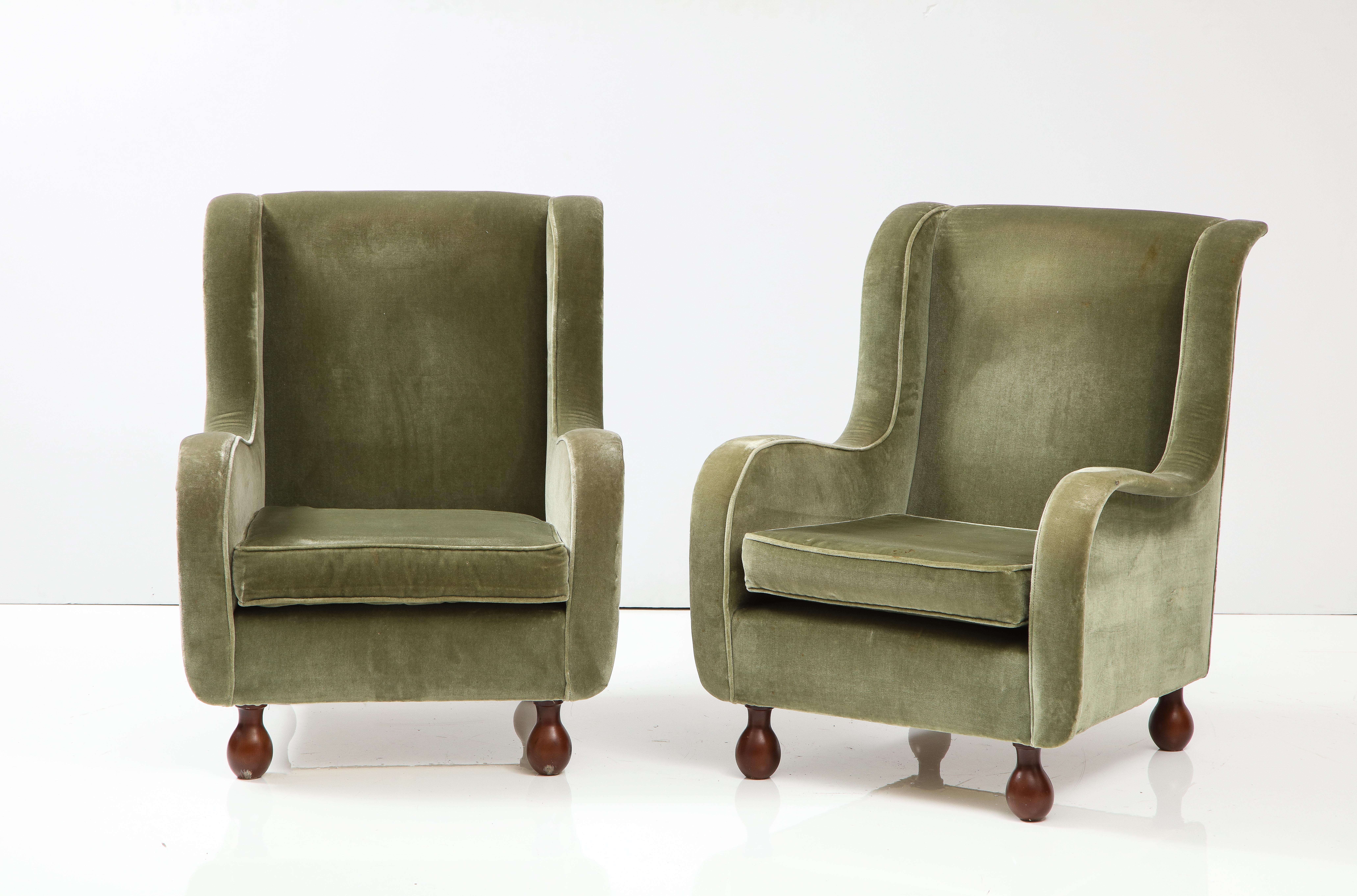 Pair of Italian 1940's Velvet Armchairs with Walnut Bun Feet In Good Condition In New York, NY