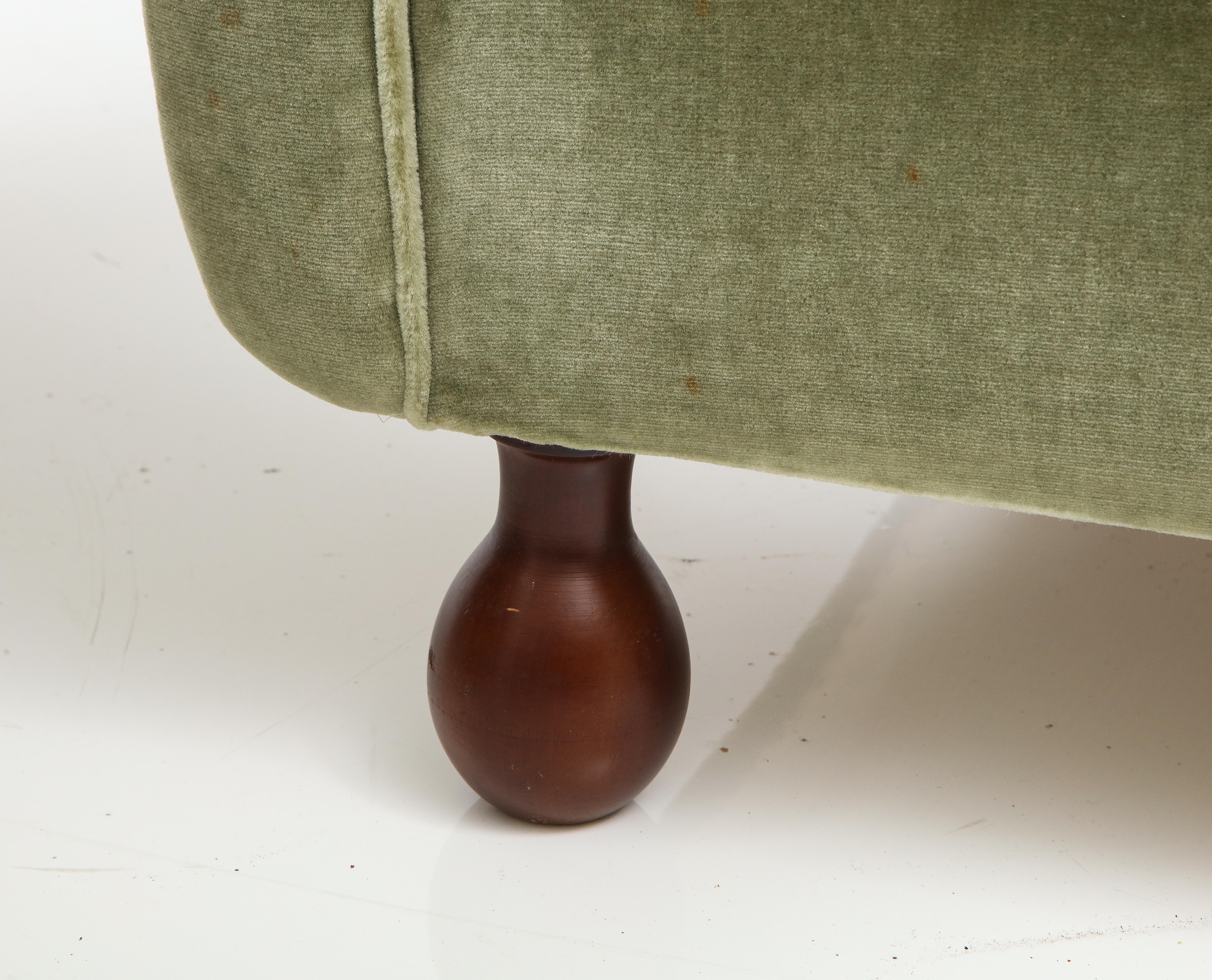 Mid-20th Century Pair of Italian 1940's Velvet Armchairs with Walnut Bun Feet