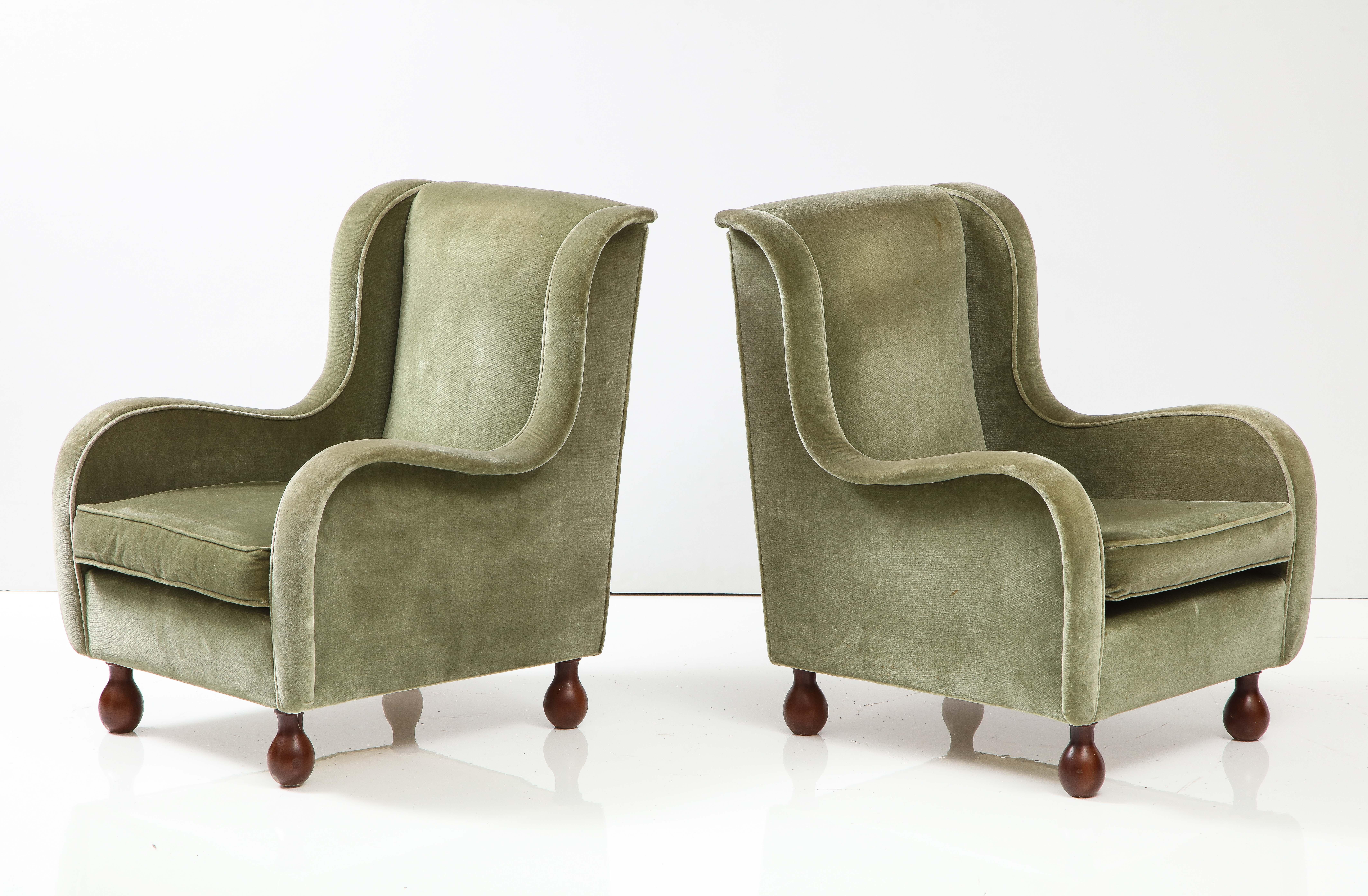 Pair of Italian 1940's Velvet Armchairs with Walnut Bun Feet 1