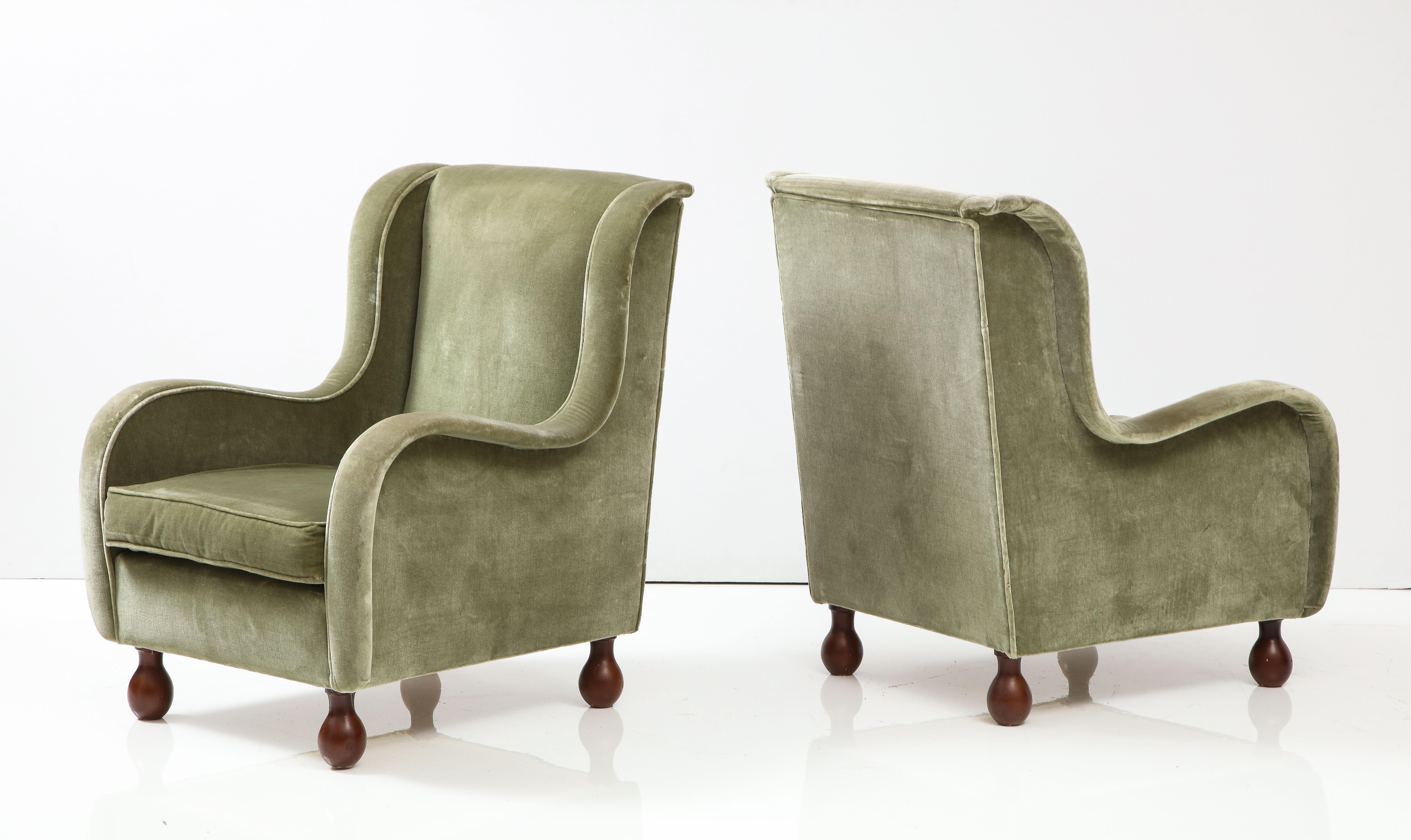 Pair of Italian 1940's Velvet Armchairs with Walnut Bun Feet 2