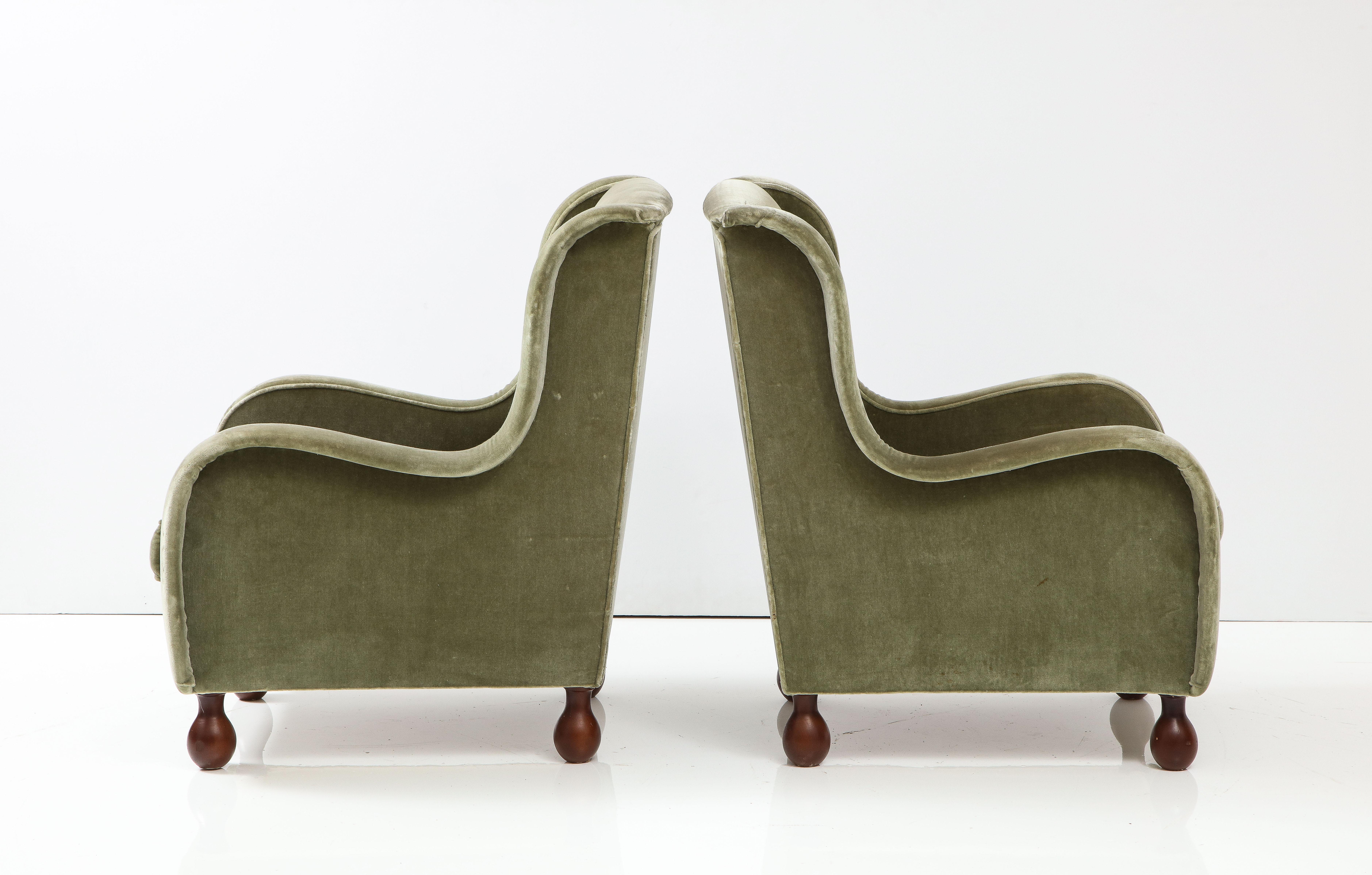 Pair of Italian 1940's Velvet Armchairs with Walnut Bun Feet 5