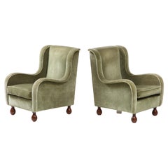 Pair of Italian 1940's Velvet Armchairs with Walnut Bun Feet