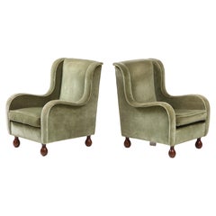 Pair of Italian 1940's Velvet Armchairs with Walnut Bun Feet