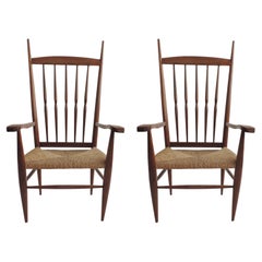 Pair of Italian 1940s Wood and Straw High-Back Armchairs