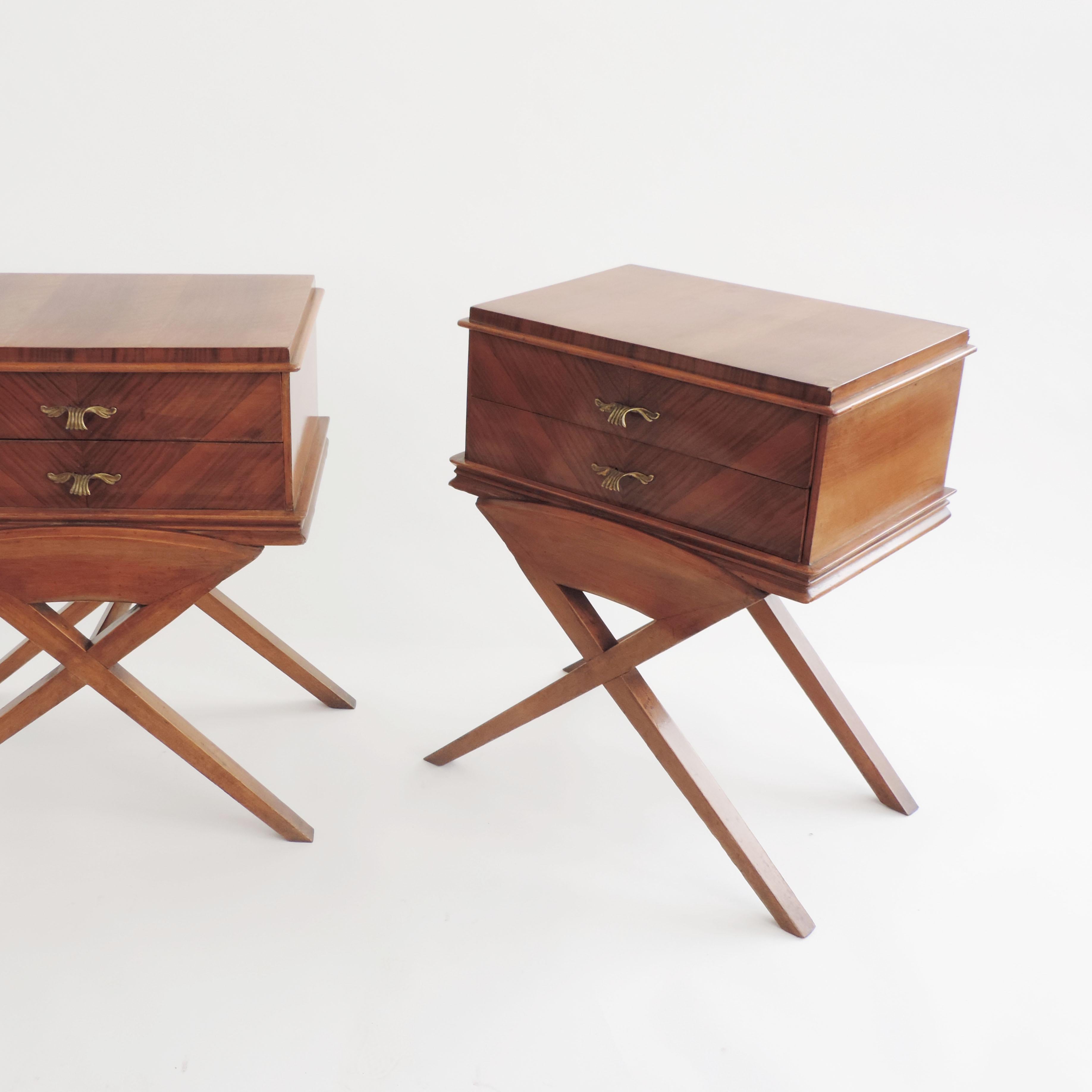 Pair of Italian 1940s Wood Bed Side Tables with Two Drawers.
Very Unusual Italian design, X legs.
