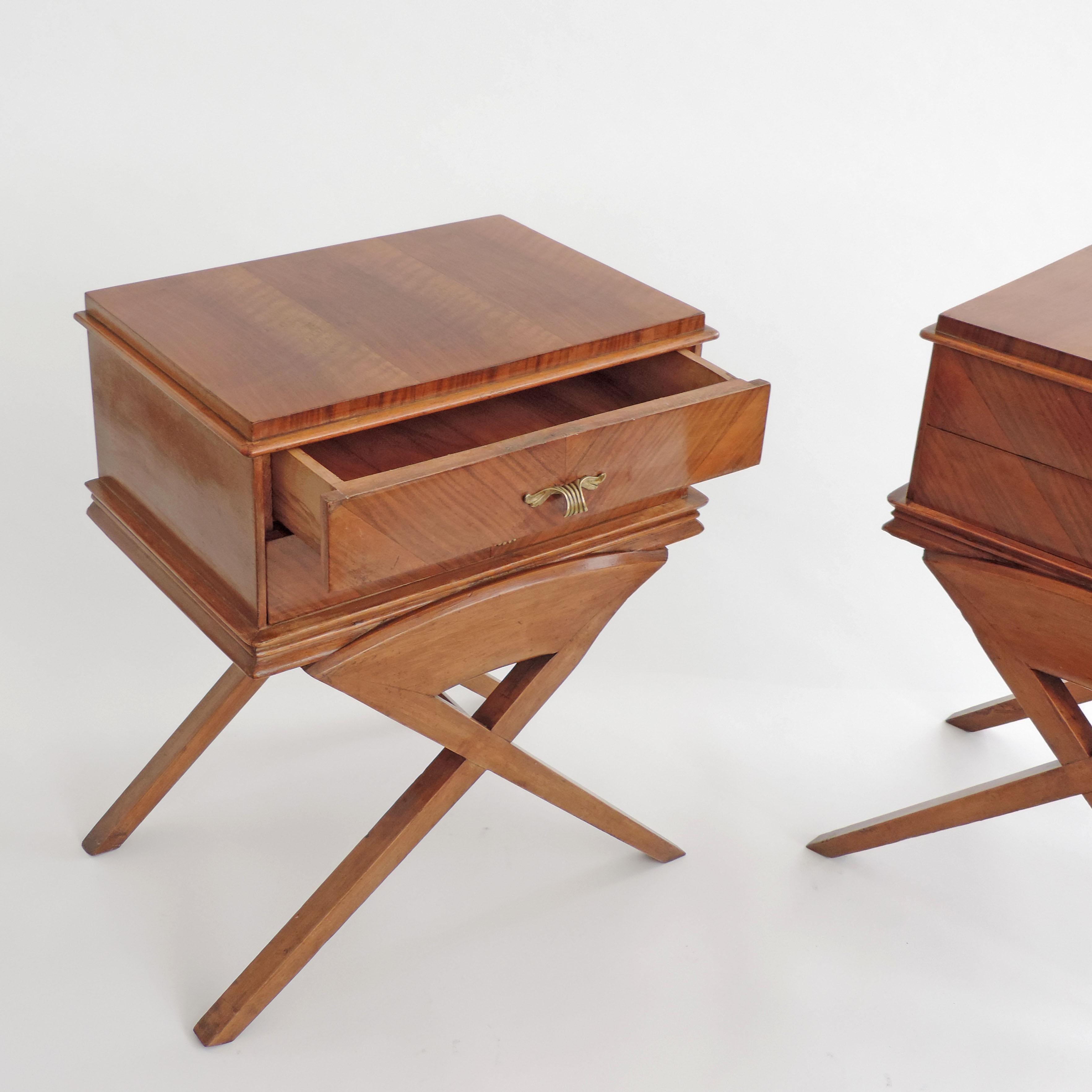 Mid-20th Century Pair of Italian 1940s Wood Bed Side Tables with Two Drawers