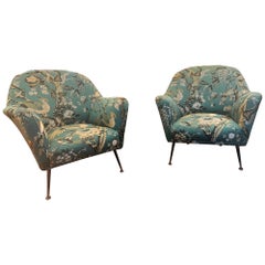 Pair of Italian 1950s armchairs in embroidered silk fabric