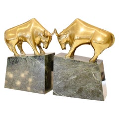 Pair of Italian 1950's Bookends Marble and Bronze Bulls