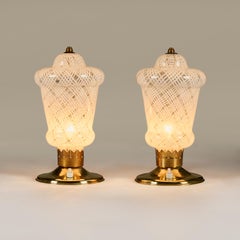Pair of Italian 1950s brass and Murano Reticello table lights