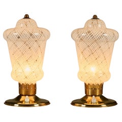 Pair of Italian 1950s brass and Murano Reticello table lights