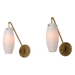 Pair of Italian 1950s Brass and Opaline Glass Minimalist Wall Sconces