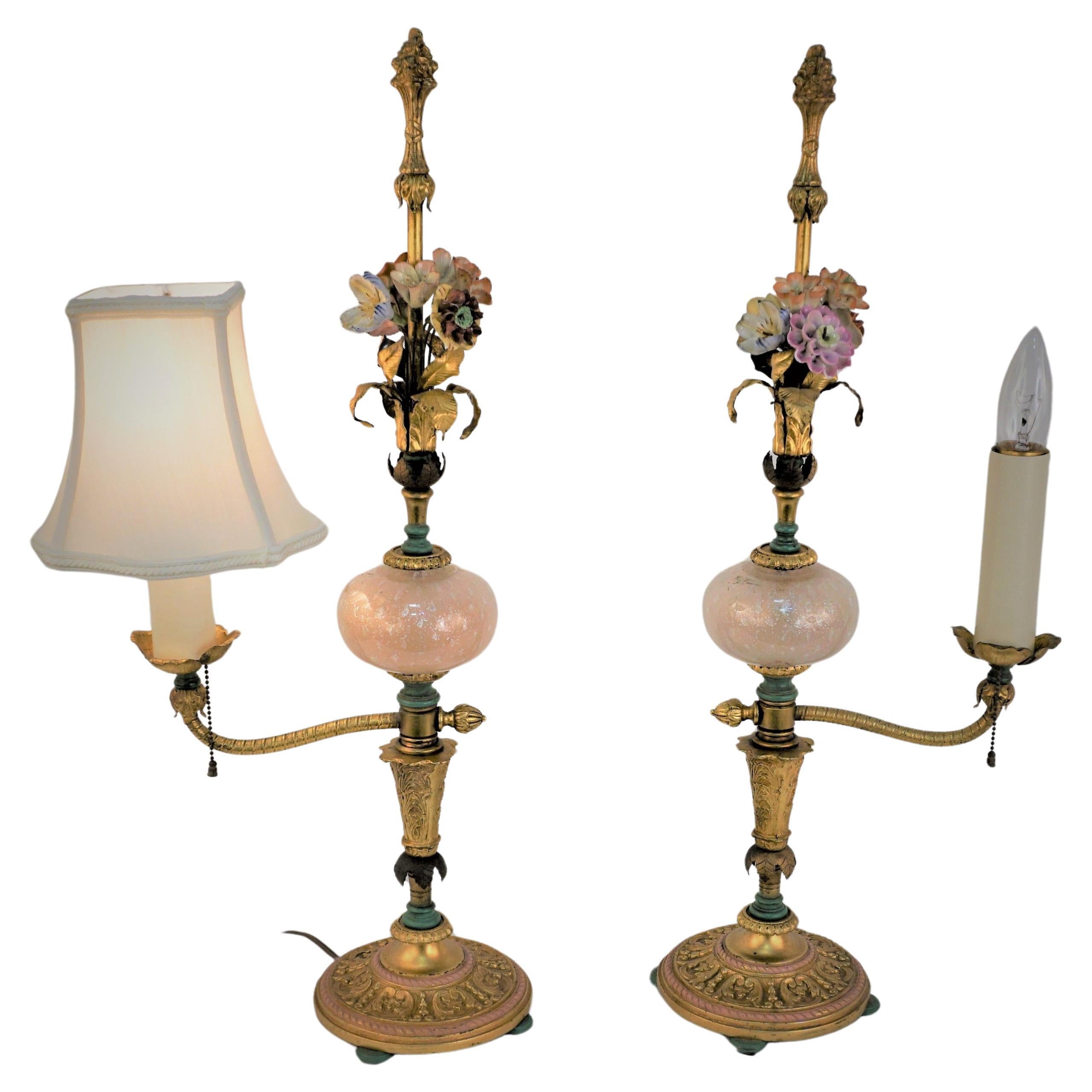 Pair of Italian 1950's Bronze and Murano Glass Table Lamps For Sale