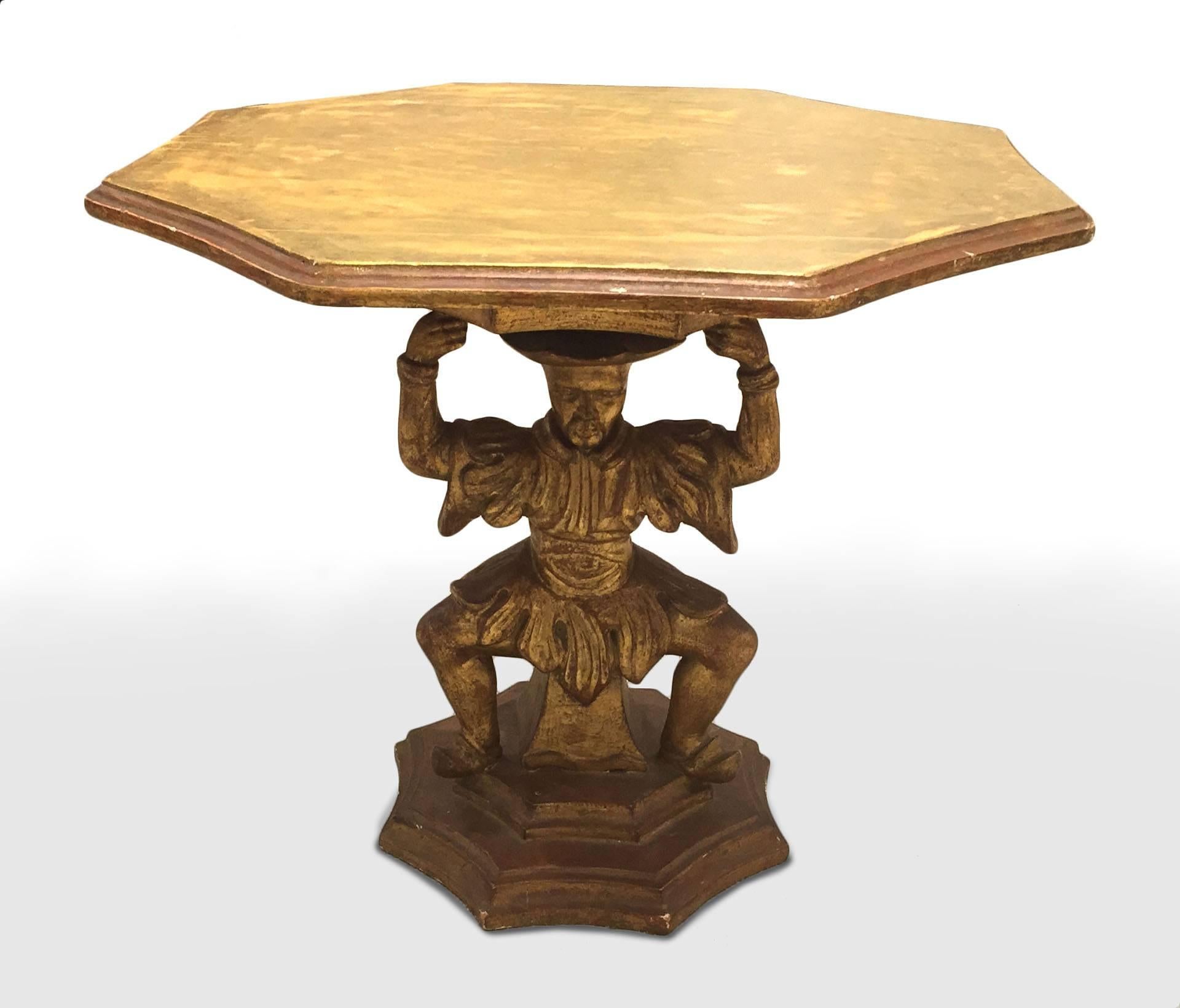 Pair of Italian 1950s carved giltwood low end tables with an octagonal top supported by a stylized Chinese figure contemporary midcentury.
     