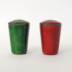 Pair of Italian 1950s Enamel Containers with engravings.