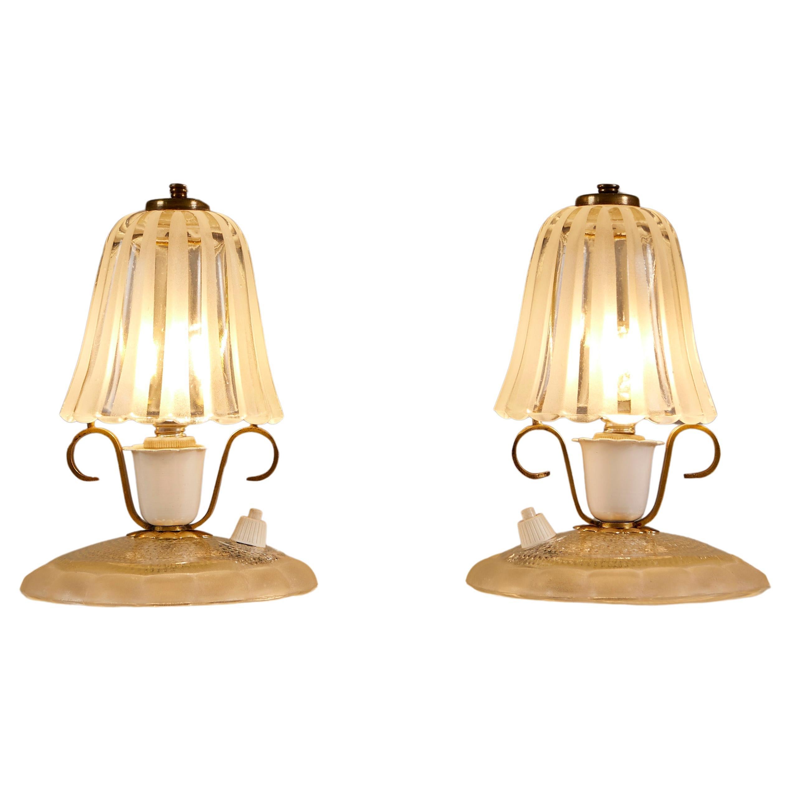 Pair of Italian 1950s glass and brass table lamps