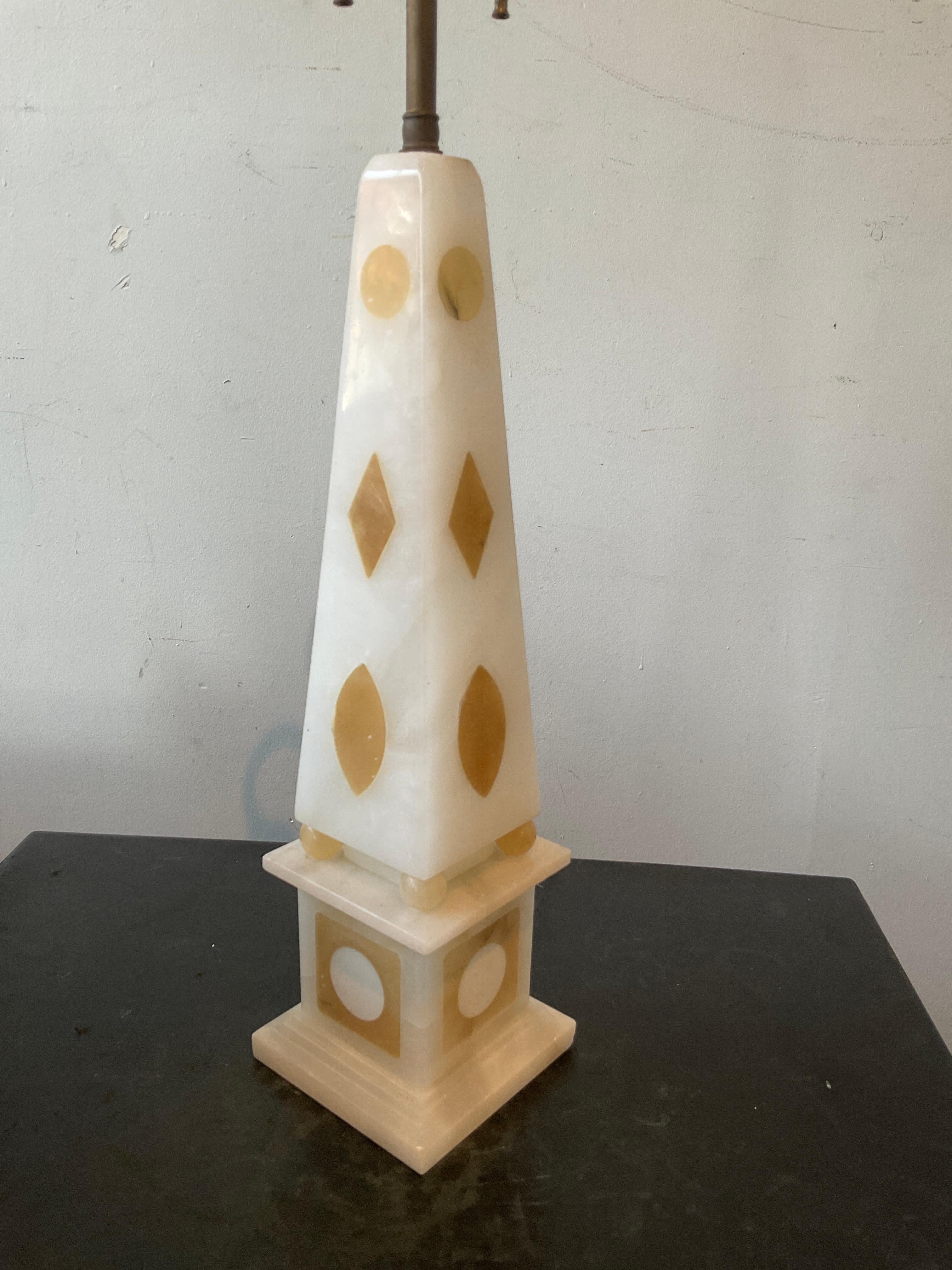 Mid-20th Century Pair Of Italian 1950s Inlaid Marble Obelisk Lamps