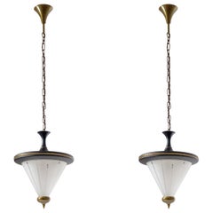 Pair of Italian 1950s Lanterns, Brass, Satin Glass and Black Lacquered
